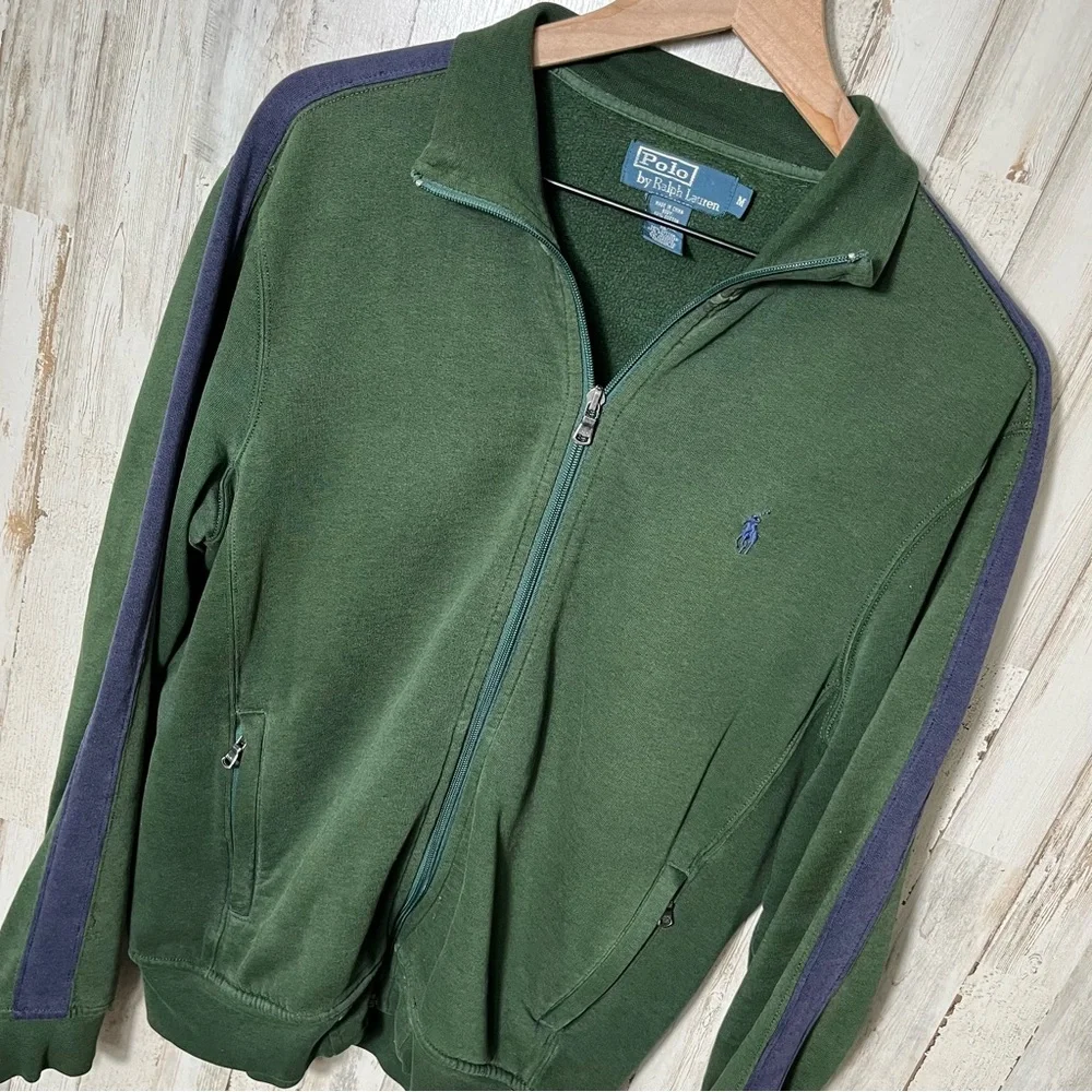 Polo Ralph Lauren Vtg Y2K Green Blue Stripe Zip Jacket‎ Mens Medium
